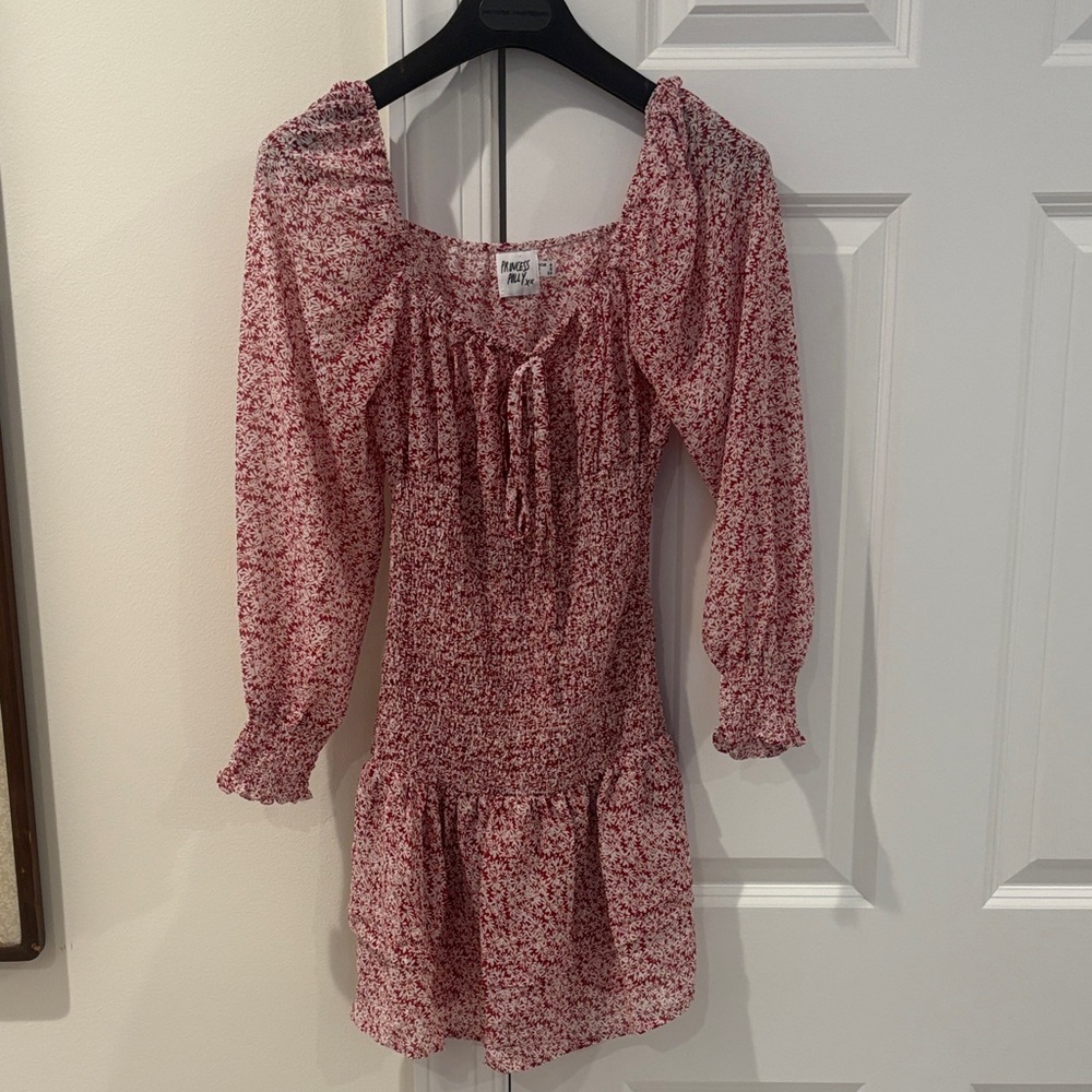 Princess Polly red & white Floral Long sheer Sleeve Dress size 2